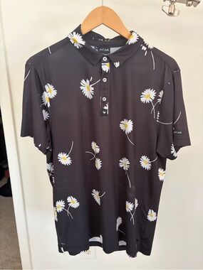 Bad Birdie Black Daisy-Print Polo Shirt by